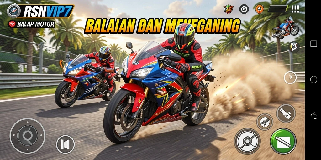 Tampilan antarmuka RSNVIP7 dengan fokus balapan motor yang menegangkan.